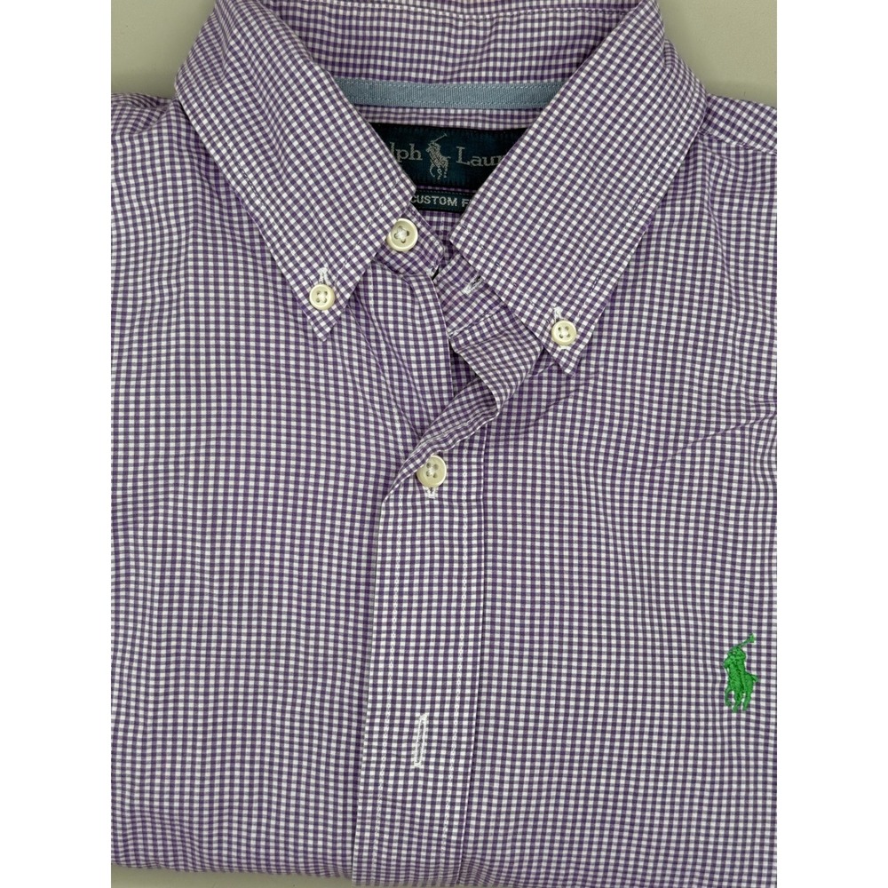 Ralph Lauren Men Custom Fit Gingham Button Down Long Sleeve Shirt Purple White M